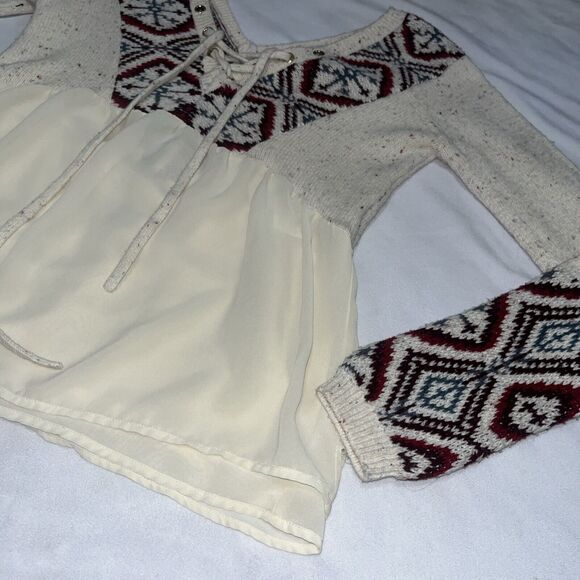 Abercrombie & Fitch S Boho Sweater Blouse W Printed Sleeves Lace Up Small Aztec - Picture 6 of 16